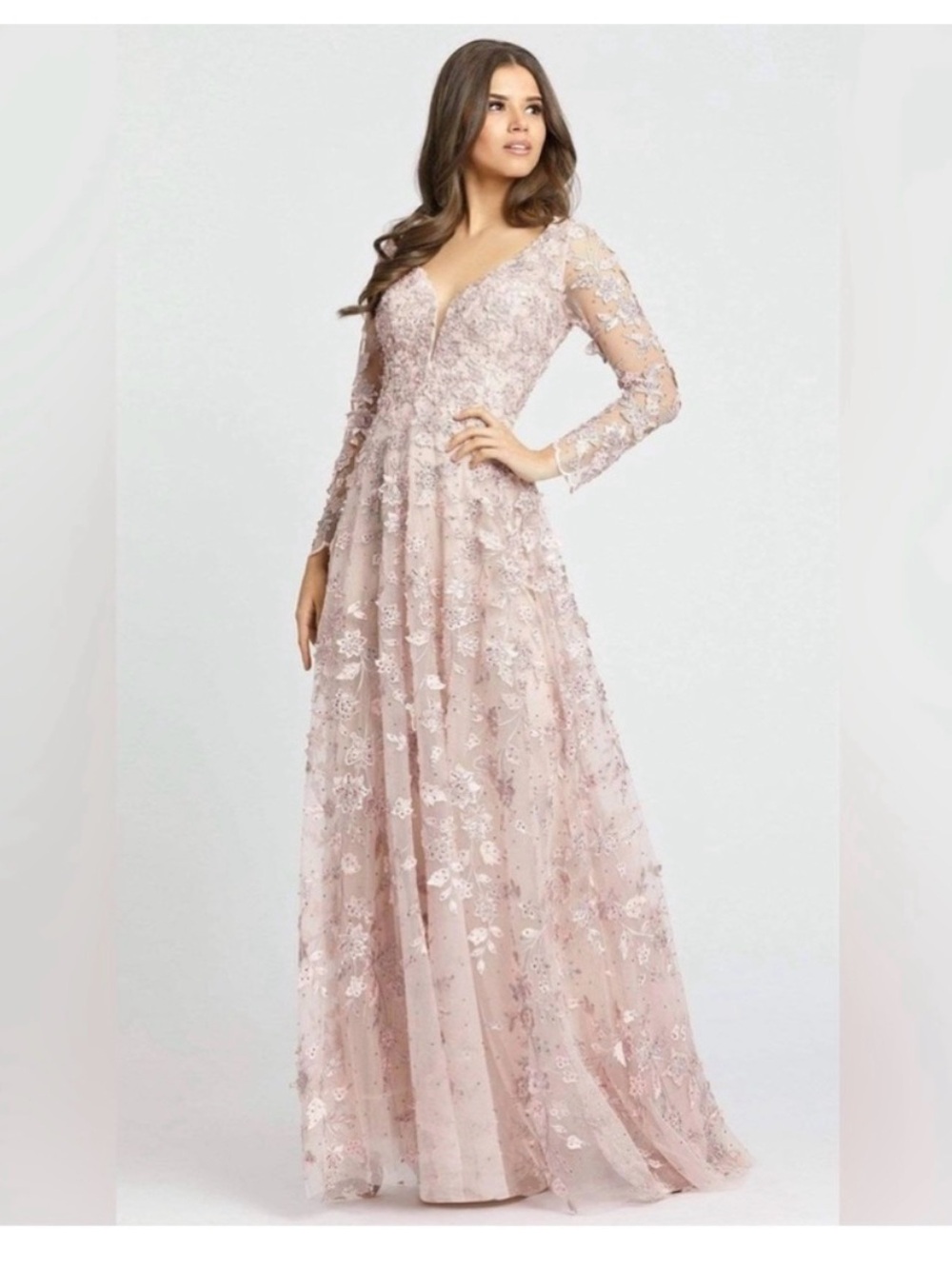 Mac Duggal Floral Appliqué Long Sleeves Illusion Gown